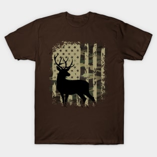 Camo US Flag Deer Elk Buck Camoflage Hunting Hunter Dad T-Shirt